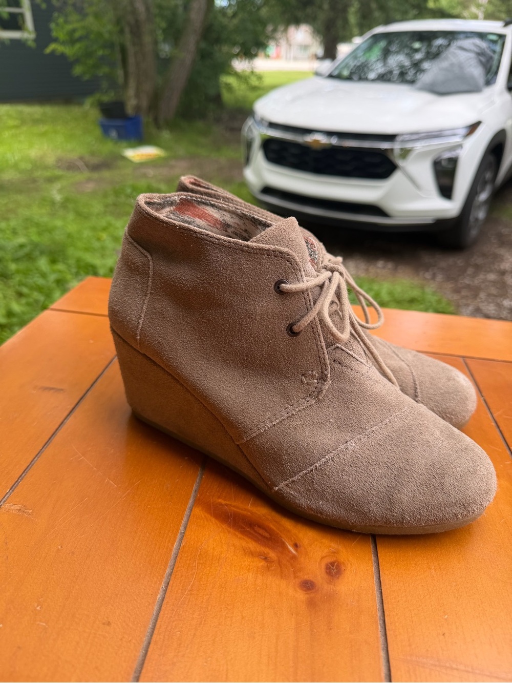 Toms Taupe Suede Wedge Ankle Booties